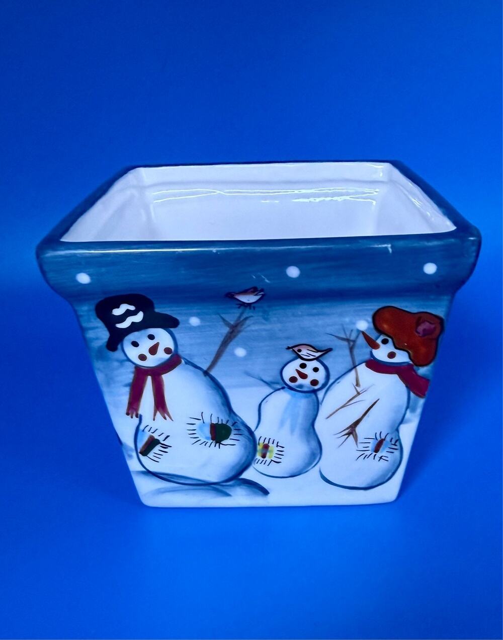 Hand Painted Snowman Family Ceramic Planter Vase Christmas Winter Holiday Decor